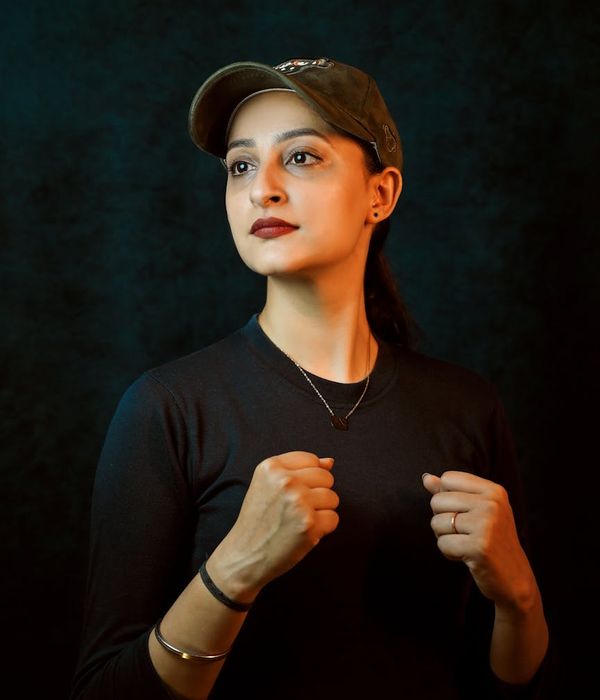 Woman feeling energetic and centered in a dynamic pose.